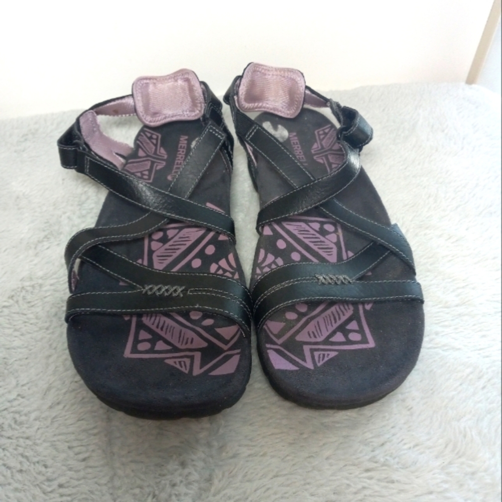 Merrell Keepsake Sandals Women's 9 Black Lilac Leather Strappy Outdoor Flat Shoe